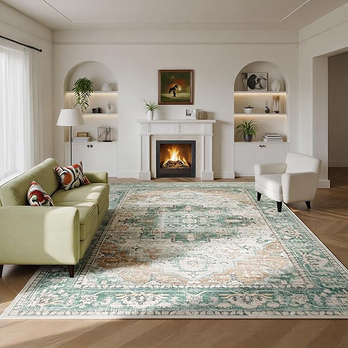 Washable Rugs 8x10 Area Rugs for Living Room- Vintage Rugs for Bedroom,Dining Room, Large Ultra Soft Retro Carpet with Non Slip Rubber Backing,Neutral Accent Carpets for Nursery Home Office