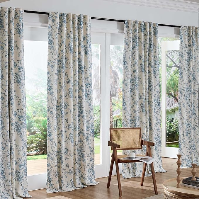 jinchan Blackout Floral Curtains for Living Room Bedroom Linen Blend Curtain Farmhouse Blue Printed with Lined Back Tab Rod Pocket Drapes Window Treatments 2 Panels 84 Inch