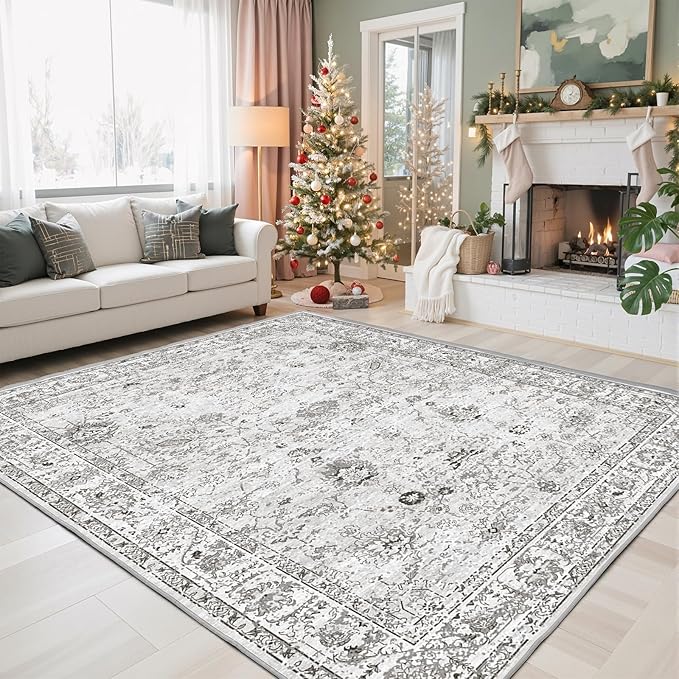 Grey White Area Rugs 5x8 for Living Room Bedroom, Non-Slip Washable Rugs Stain Resistant Boho Rug Low Pile Rug for ‎Dining Room Office (5 x8, Grey White)