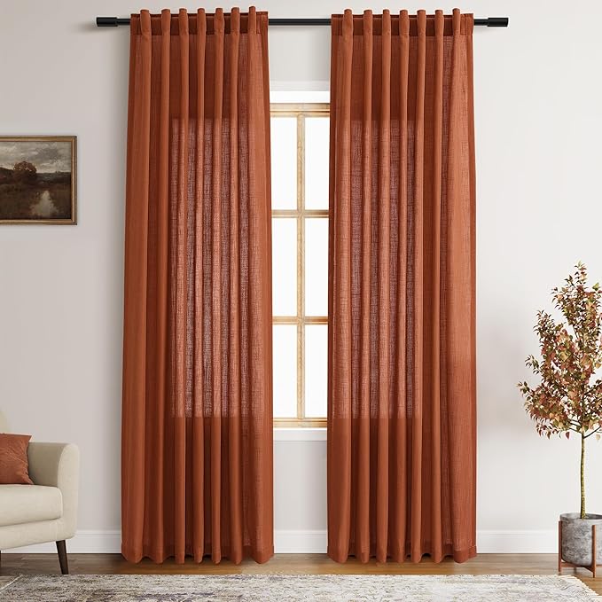 Terracotta Linen Curtains 84 inches Long 2 Panel Set Back Tab Rod Pocket Rustic Farmhouse Boho Curtains for Living Room Semi Sheer Brick Burnt Orange Bohemian Fall Decor for Dining Room Rust