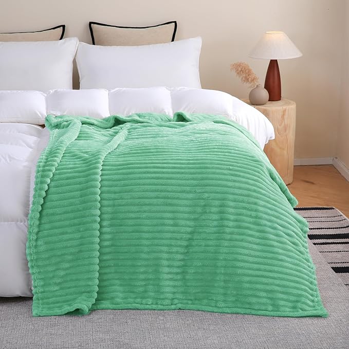 Mint Green Fleece Throw Blanket 50”×60” for Couch Sofa Bed,Super Soft Cozy Plush Microfiber Flannel Blanket with Stripes Design Lightweight for Adults,Woman,Girls