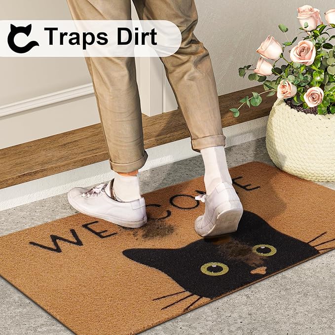 UINI Door Mat Cat Welcome Mat, Black Cat with Green Eyes Doormat, Non-Slip Cat Welcome Mats for Front Door, Outside Entrance, Resist Dirt, 17" x 30"