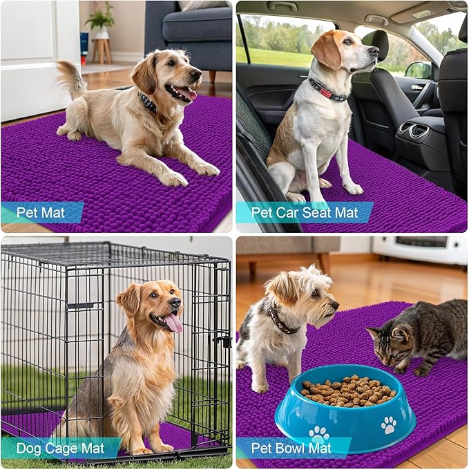 OLANLY Dog Door Mat for Muddy Paws 47x20, Absorbs Moisture and Dirt, Absorbent Non-Slip Washable Doormat, Quick Dry Chenille Mud Mat for Dogs, Entry Indoor Entryway Carpet for Inside Floor, Purple