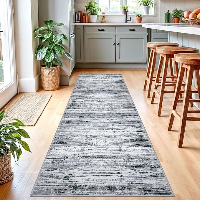 Lansny Modern Abstract Runner Rug 2.6x10, Black Grey White Washable Long Kitchen Runner Non-Slip Soft Hallway Rug Runner Thin Print Faux Wool Carpet for Entryway Bedroom Laundry Room Indoor Home Decor