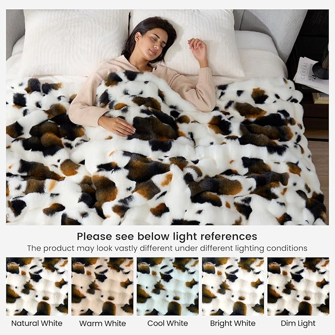 Cozy Bliss Cow Print Faux Fur Throw Blanket for Couch, Fuzzy Soft Plush Thick Bubble Blanket for Sofa Bedroom Living Room, 50x60 Inches