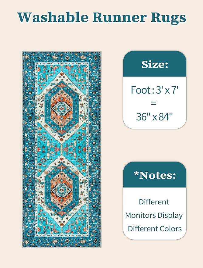 SERISSA Boho Kitchen Runner Rug, 3x7 Washable Non-Slip Runner Rug for Hallways Kitchen Rug, Ultra Soft Vintage Blue Print Distressed Tribal Floor Carpet Runner for Bedroom Entryway Laundry Room