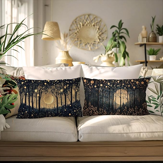 Rustic William Morris Inspired Gold Moon Pillow Covers 12x20 Set of 2,Vintage Black and Gold Moon Forest Botanical Nature Landscape Decorative Throw Pillow Covers for Home Bedroom Living Room