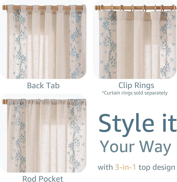 jinchan Evelyn Embroidered Linen Curtains for Living Room Farmhouse Floral Curtains for Bedroom Semi Sheer Light Filtering Window Drapes Rod Pocket Back Tab 2 Panels W50 x L96 Blue