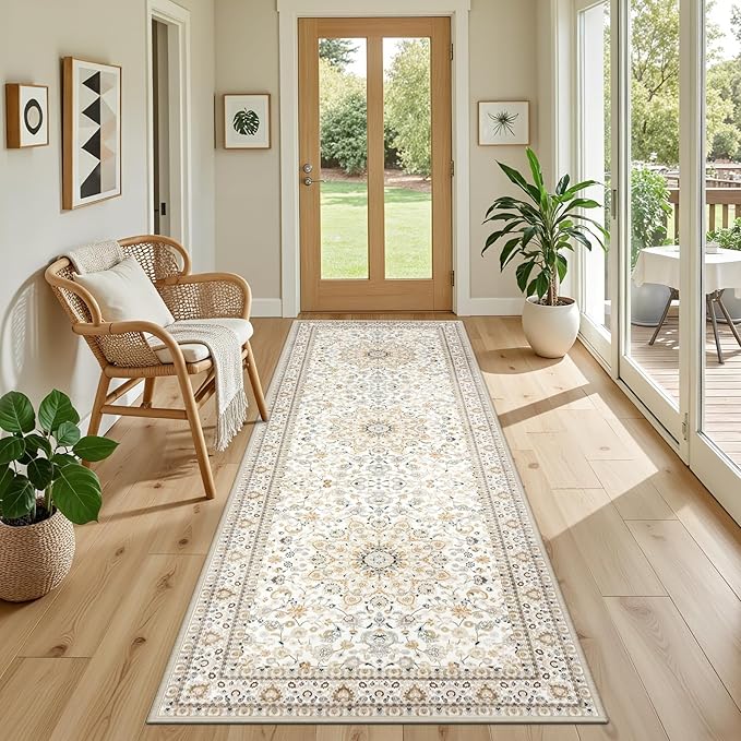 Hallway Runner Rug Non Slip - Washable 2.6x8 Kitchen Rugs for Living Room, Low-Pile Soft Bedroom Rug Indoor Floor Stain Resistant Carpets for Entryway, Laundry, Bathroom Beige