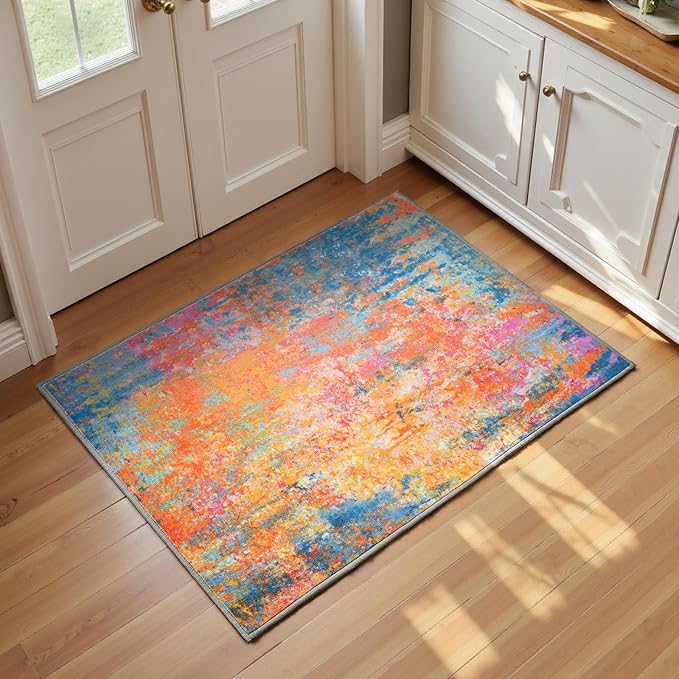 Entrance Rugs Indoor 2x3 Colorful Entry Rug Washable Abstract Rainbow Small Area Rug Non-Slip Low Pile Throw Rugs for Entryway, Kitchen Floor, Front Door Indoor Door Mat, Bathroom, Bedroom Bedside