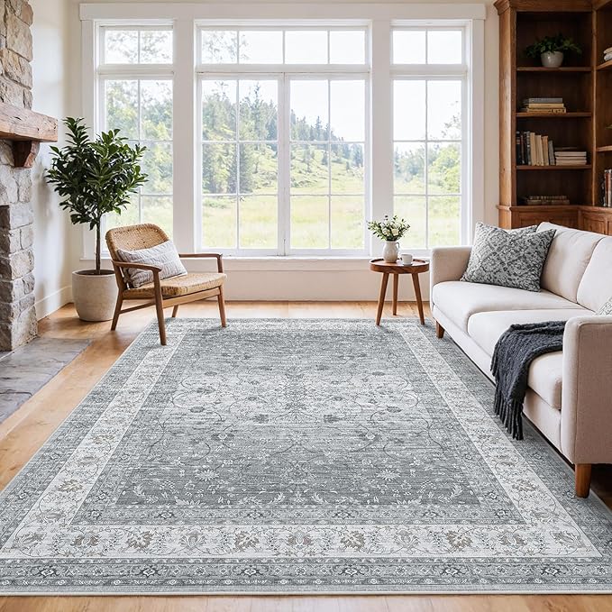 AMADA HOMEFURNISHING 5x7 Area Rugs, Washable Living Room Rug with Non-Slip Backing, Low Pile and Durable Edge Binding, Soft Vintage Floral Rugs for Living Room, Bedroom, Dining Room