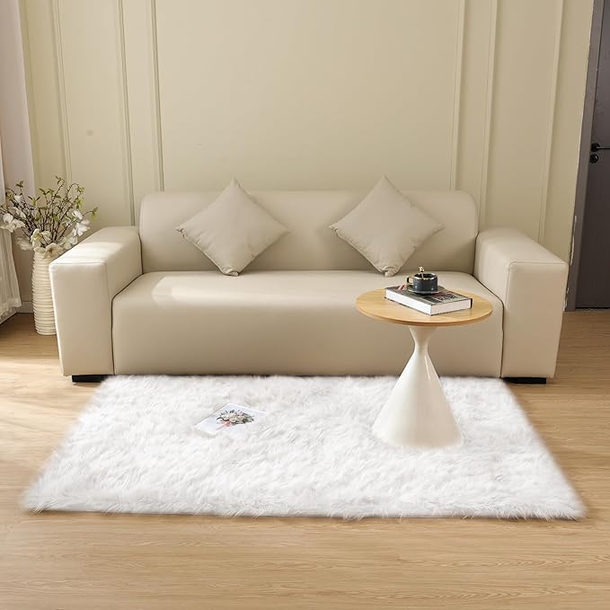 ORINOVA White Shag Washable Area Rugs for Living Room Faux Sheepskin Fuzzy Fur Rug for Bedroom Nursery Rug 3x5 Teen Room Décor Boho