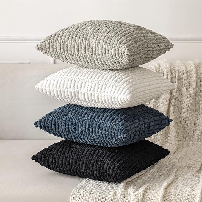 MIULEE Pack of 2 Corduroy Decorative Euro Sham Throw Pillow Covers 24x24 Inch Soft Boho Striped Pillow Covers Modern Farmhouse Home Decor for Sofa Living Room Couch Bed Pure White