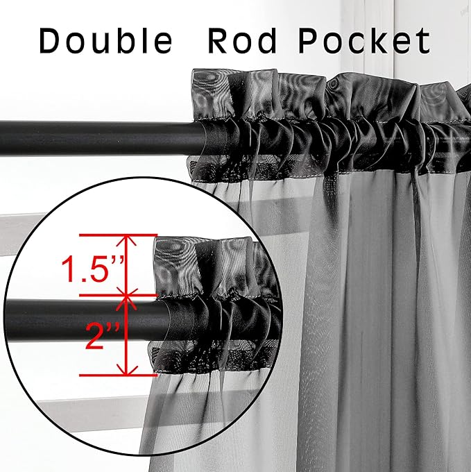 OVZME 2 Pieces Black Sheer Curtains 96" Inch Long for Living Room, Top Rod Pocket Voile Lightweight and Airy Drapes Window Treatment, 2 Panels= 84" W, Each 42" W x 96“L