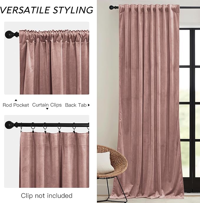 RYB HOME Girls Curtains for Bedroom, Back Tab Room Darkening Baby Kids Velvet Curtains 96 inches Long for Nursery, W 52 x L 96, 2 Panels Set