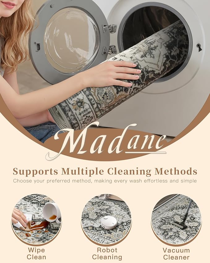 Madane 5x7 Area Rugs for Living Room, Stain Resistant Washable Rug, Non-Slip Backing Area Rug, Vintage Home Decor Rug for Bedroom (Black, 5'x7')