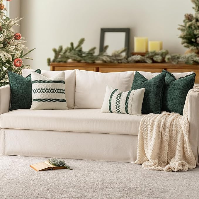 MIULEE Pack of 2 Christmas Pillow Covers 18x18 Inch Dark Green Farmhouse Decorative Throw Pillow Covers with Stitched Edge Soft Chenille Solid Dyed Couch Pillow Covers for Sofa Bed Living Room