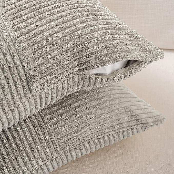 Fancy Homi 2 Packs Neutral Grey Lumbar Decorative Throw Pillow Covers 14x22 Inch for Living Room Couch Bed Sofa, Farmhouse Home Decor, Soft Striped Corduroy Rectangle Accent Cushion Case 35x55 cm
