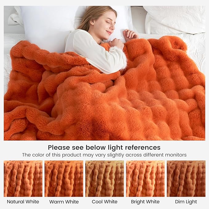 Cozy Bliss Faux Fur Throw Blanket for Couch, Fuzzy Soft Plush Thick Bubble Blanket for Sofa Bedroom Living Room, 50 * 60 Inches Halloween Burnt Orange