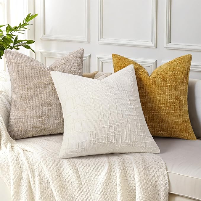 decorUhome Summer Mustard Yellow Chenille Throw Pillow Covers 18x18 Set of 2 Textured Soft Cozy Slubby Couch Pillow Covers Modern Farmhouse Boho Decorative Pillow Cases for Bed Sofa Living Room