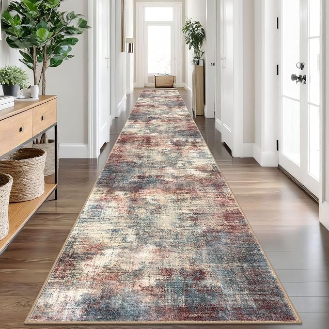 IOHOUZE Abstract Runner Rug 3x20 Ft Extra Long Washable Runners for Hallways, Non Slip Kitchen Runner Printed Faux Wool Entryway Runner Indoor, Modern Abstract Floor Carpet for Hall Stair, Red/Multi