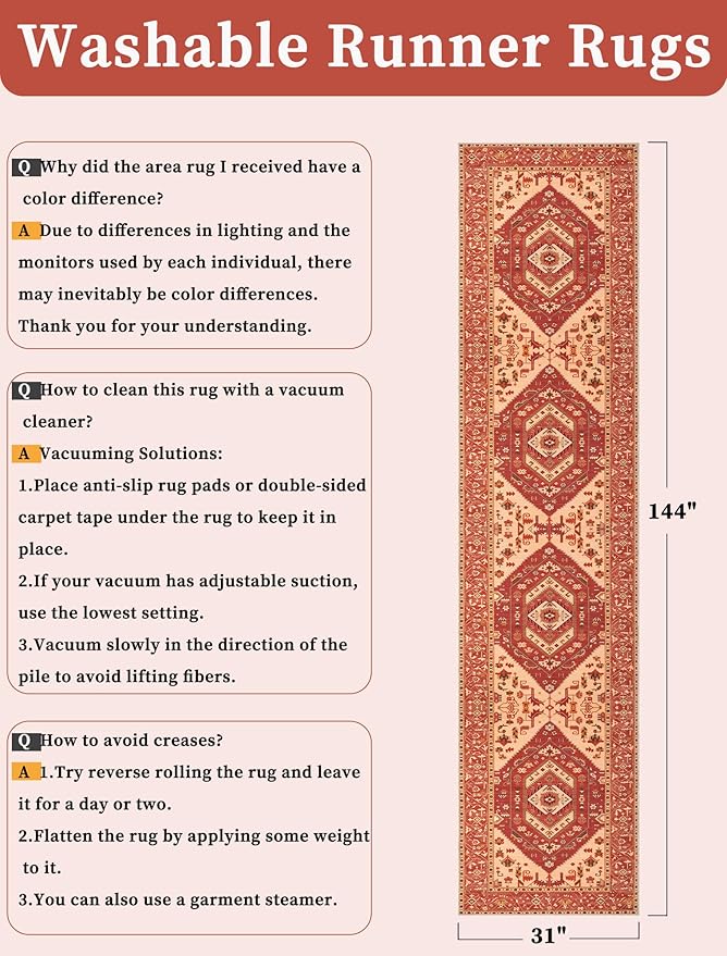 SERISSA Runner Rug for Hallways, 2'6"x12' Washable Non Slip Kitchen Runner Rug, Extra Long Boho Rug Ultra Soft Vintage Red Print Floor Carpet for Bedroom Hallway Entryway Bathroom Laundry Room