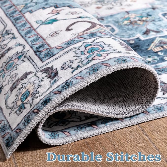SERISSA Area Rug 3x5 Boho Blue Rugs for Bedroom, Washable Kitchen Rugs Non-Slip, Ultra Soft Print Distressed Vintage Entry Rug Low-Pile Throw Rug Carpet for Bedroom Nursery Living Room Dorm Decor