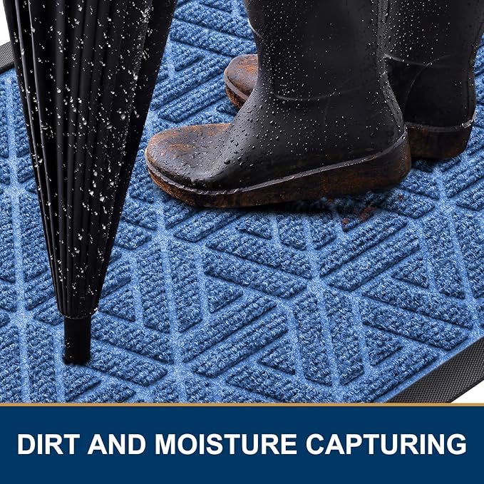 Smiry Front Door Mat Outside Entrance, Heavy Duty Sturdy Natural Rubber Doormat, Trap Dirt and Moisture, Easy Clean Low Profile Mats for Indoor Outdoor Entry, Grid Geometric (35x23, Blue)