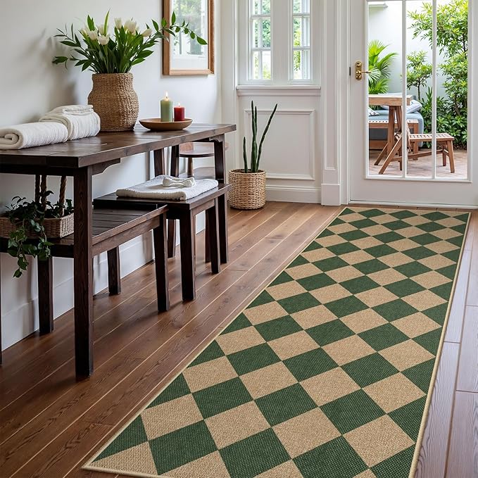 Lahome Colette Checkered Kitchen Runner, 2x8 Easy Jute Runner Rug for Hallway Entryway, Farmhouse Indoor Outdoor Non Slip Non Shedding Green Carpet for Laundry Bedroom Porch Corridor