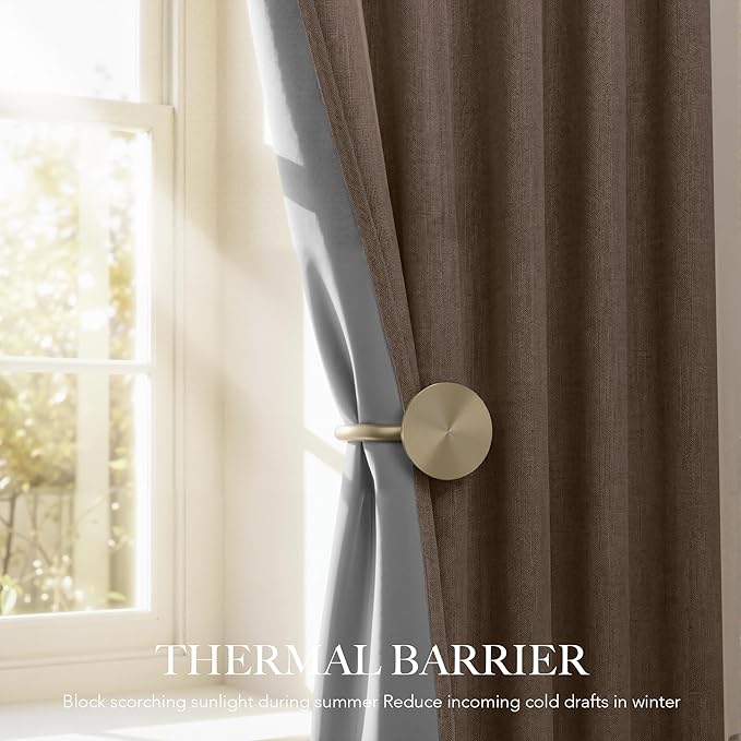 RYB HOME Coffee Linen 100% Blackout Curtains for Bedroom 52 Width 120 inch Long, Thich Luxury Extra Long Drapes for Modern/Vintage/Farmhouse Home Decor, Thermal Insulated Window Treatment, 2 Panels