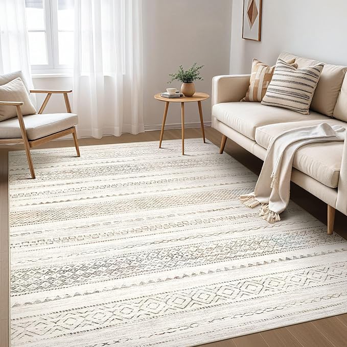 Nakagishi Area Rug Living Room Rugs: 4X6 Machine Washable Boho Large Neutral Farmhouse Stain Resistant Moroccan Indoor Floor Carpet for Bedroom Nursery Dorm Dining Room Home-Multi Color