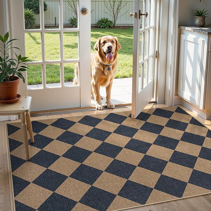 Lahome Colette Checkered Easy Jute Entryway Rug, 3x5 Washable Area Rugs for Living Room Outdoor Patio, Non Slip Blue Indoor Door Mat Checkerboard Throw Carpet for Entry Front Door Guestroom Deck