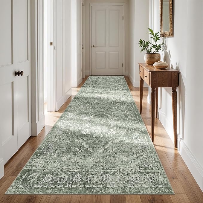 4x12 Washable Hallway Runner Rug - Wide Kitchen Runners Vintage Low Pile Carpet Soft Thin Floor Runner with Rubber Backing for Entryway Bedroom Living Room Home Decor (Muted Sage Green)