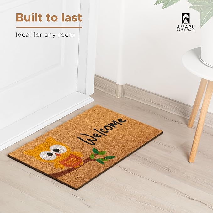 Owl - 17"x29" - Coir Door Mat with Heavy Duty Backing - Welcome Mats for Entryway, Porch - Anti-Slip PVC & Coconut Fiber Surface - Natural Home Accessories, Minimalist Original Design