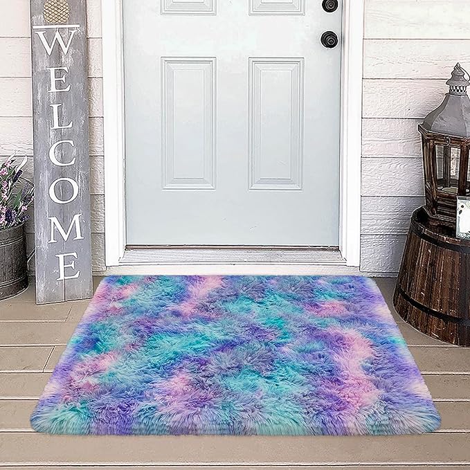 Small Area Rug for Bedroom 2x3ft Mini Tie-Dye Purple Rainbow Fluffy Rug Mat Bedside Throw Rug for Kids Room Boys Teens Nursery Baby Dorm Living Room Home Decor