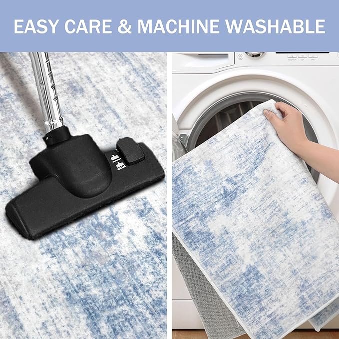 IOHOUZE Abstract Area Rug 4x6 Ft Washable Rugs for Entryway Indoor, Non Slip Small Living Room Rugs Printed Faux Wool Throw Rug, Floor Carpet for Kitchen Nursery Playroom, Light Blue Grey
