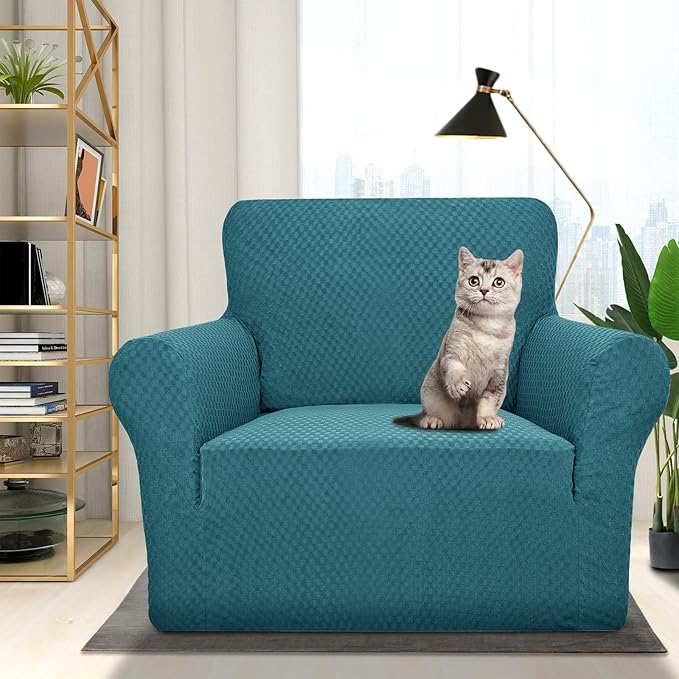 ZNSAYOTX 1 Piece Jacquard Chair Slipcovers for Living Room High Stretch Chair Covers with Arms Anti Slip Pets Friendly Couch Sofa Armchair Cover Furniture Protector (Chair, Peacock Blue)