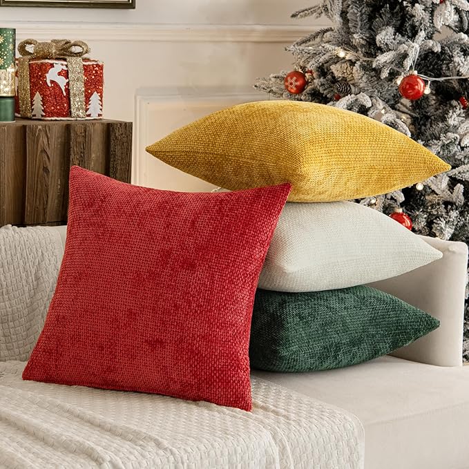 MIULEE Christmas Pack of 4 Couch Throw Pillow Covers 18x18 Inch Christmas Red/Green Soft Decorative Chenille Pillow Covers Farmhouse Accent Cushion Covers for Boho Home Decor Sofa Bedroom Living Room