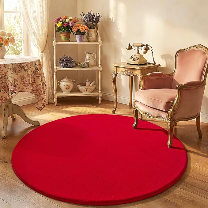 Amearea Red Round Area Rugs 5ft Washable Circle Rugs for Bedroom Living Room, Fluffy Indoor Thickened Memory Foam Rug, Non Slip Minimalist Circular Carpet for Kids Boys Girls Dorm Nursery Room Decor