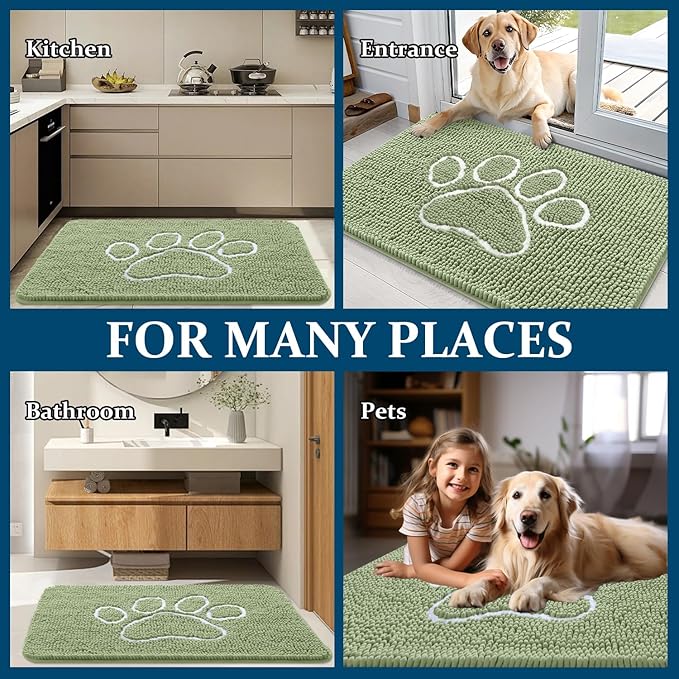 OLANLY Dog Door Mat for Muddy Paws 24x16, Paw Print Design, Absorbs Moisture and Dirt, Non-Slip Washable Doormat, Quick Dry Chenille Mud Mat for Dogs, Entry Indoor Entryway Carpet, Sage Green