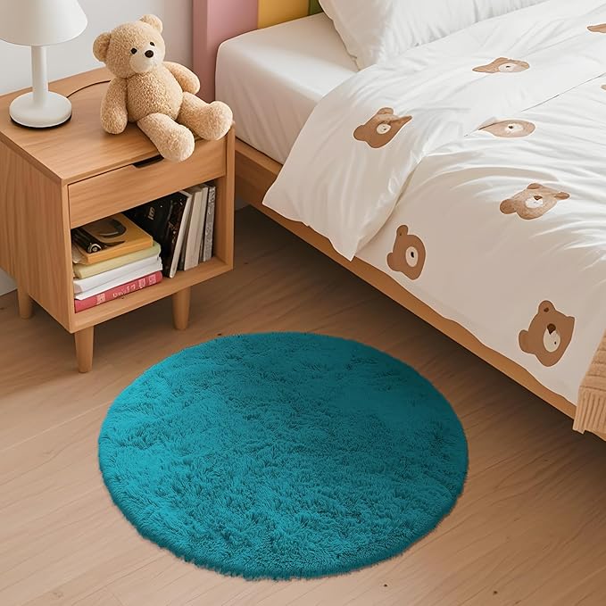 OLANLY Teal Round Rugs for Bedroom - Machine Washable, 2 ft Circle Area Rugs for Living Room, Soft and Fluffy Shaggy Carpet for Teen Girl and Boys, Nursery Rooms, Dorms, Home Decor Aesthetic