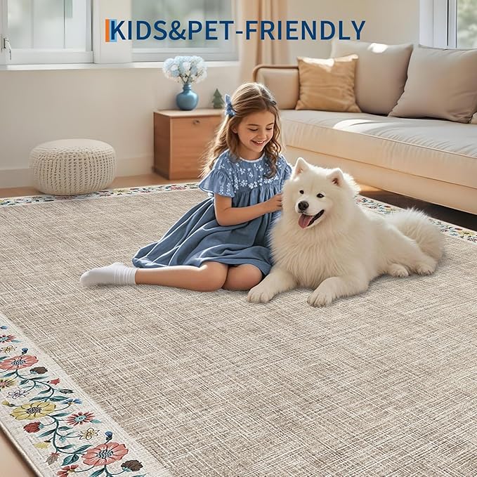 GarveeHome Washable Area Rugs for Bedroom 5x7 Living Room Modern Floral Throw Rugs Non-Slip Lightweight Thin Carpet Modern Farmhouse Print Non-Shedding Soft Low Pile Floor Cover, Light Camel