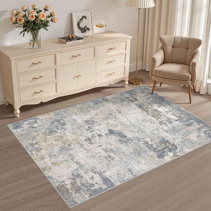 UERMEI 3x5 Area Rug Living Room Rugs - Washable Neutral Modern Abstract Soft Thin Rug Indoor Floor No Slip Rug Carpet for Bedroom Under Dining Table Home Office Decor - Blue Grey
