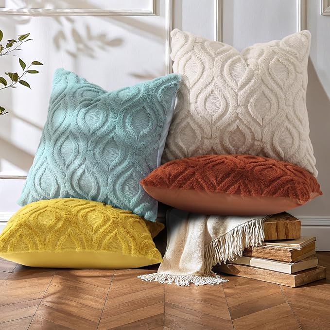 decorUhome Throw Pillow Covers 22x22 Inch Set of 2, Soft Plush Faux Wool Beige Solid Couch Pillow Covers, Accent Euro Sham Farmhouse Neutral Square Pillow Cases for Sofa Bed Living Room