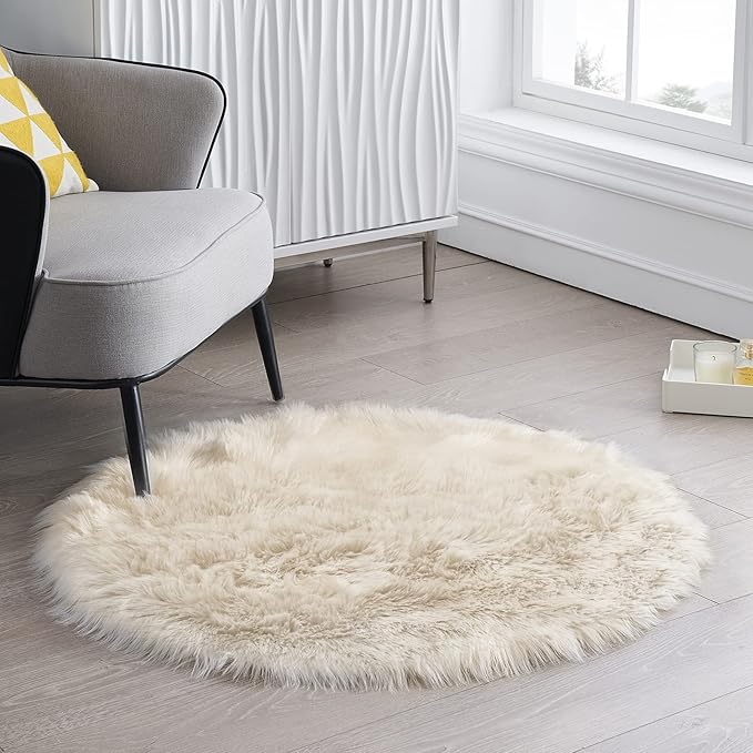 Ciicool Round Fur Fluffy Area Rug for Bedroom, Beige Faux Fur Rugs Furry Circle for Kids Room, Cute Furry Nursery Carpet, Plush Shag Circular Rugs Floor Carpets for Teen Girl Room, 3x3 Ft
