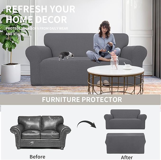 Easy-Going Stretch Oversized Loveseat Slipcover 1-Piece Sofa Cover Furniture Protector Couch Soft with Elastic Bottom for Kids Polyester Spandex Jacquard Fabric Small Checks Grey