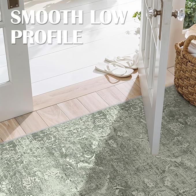 Washable 3x8 Runner Rug - Non-Slip Vintage Runner Rug for Entryway Low-Pile Medallion Long Rugs for Hallway Waterproof Traditional Runner Rug Indoor Thin Rug for Kitchen (Muted Sage Green)