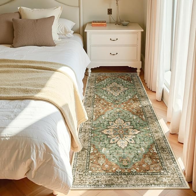 RELEANY Area Rugs 3'x7' Runner Rug Non Slip Washable for Kitchen Hallway Bedroom Beside Laundry Room Bathroom Rug, Floor Carpet, Brick Red Rust Neutral Brown Burnt Orange Green
