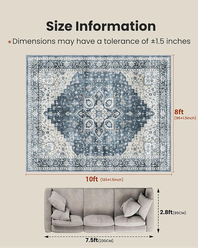 AMADA HOMEFURNISHING 8x10 Washable Area Rug, Low-Profile with Non-Slip Backing & Durable Edge Binding, Vintage Large Rugs for Living Room, Bedroom, Dining Room, Blue