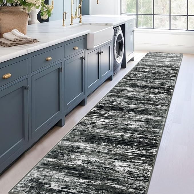 KOZYFLY Modern Abstract Washable Rug Runner 2.6x14 Hallway Rug Runner Non-Slip Soft Kitchen Runner Rugs, Black Grey Striped Carpet for Entryway Bathroom Laundry Room Foyer